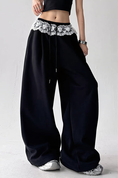Lace Waist Wide Leg Sweat Pants
