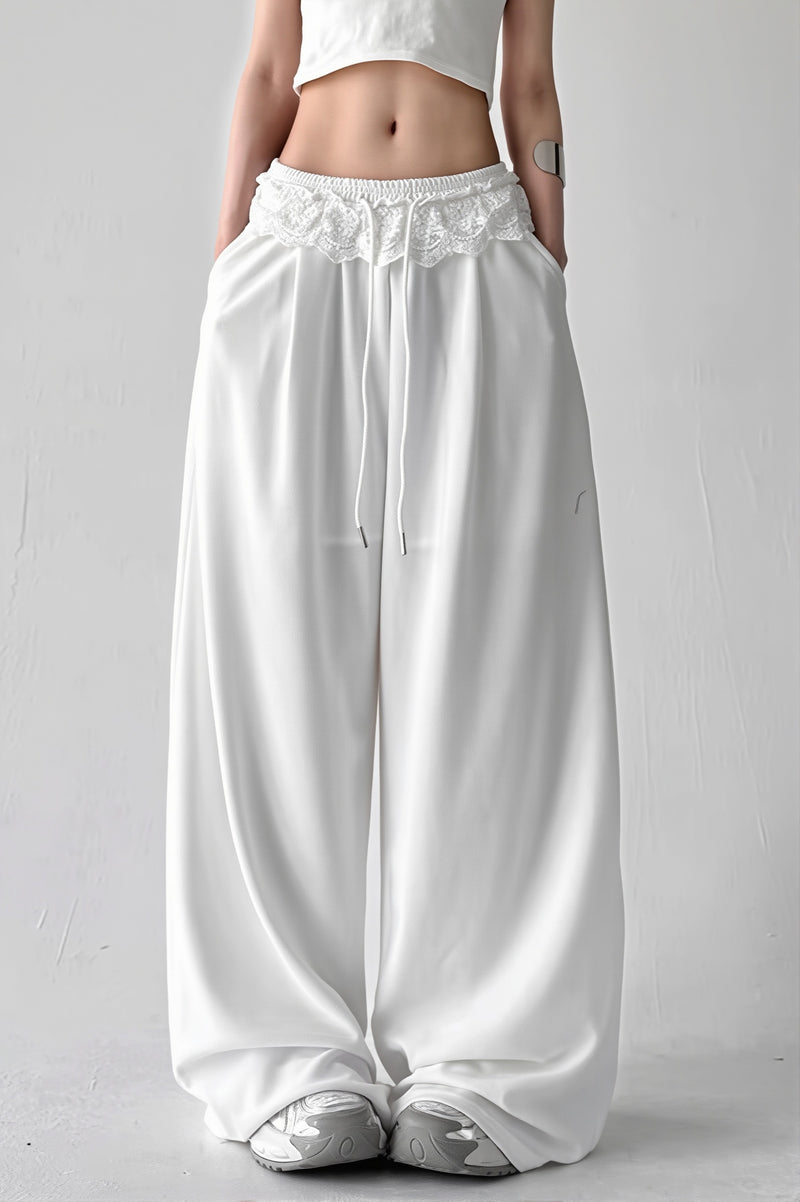 Lace Waist Wide Leg Sweat Pants
