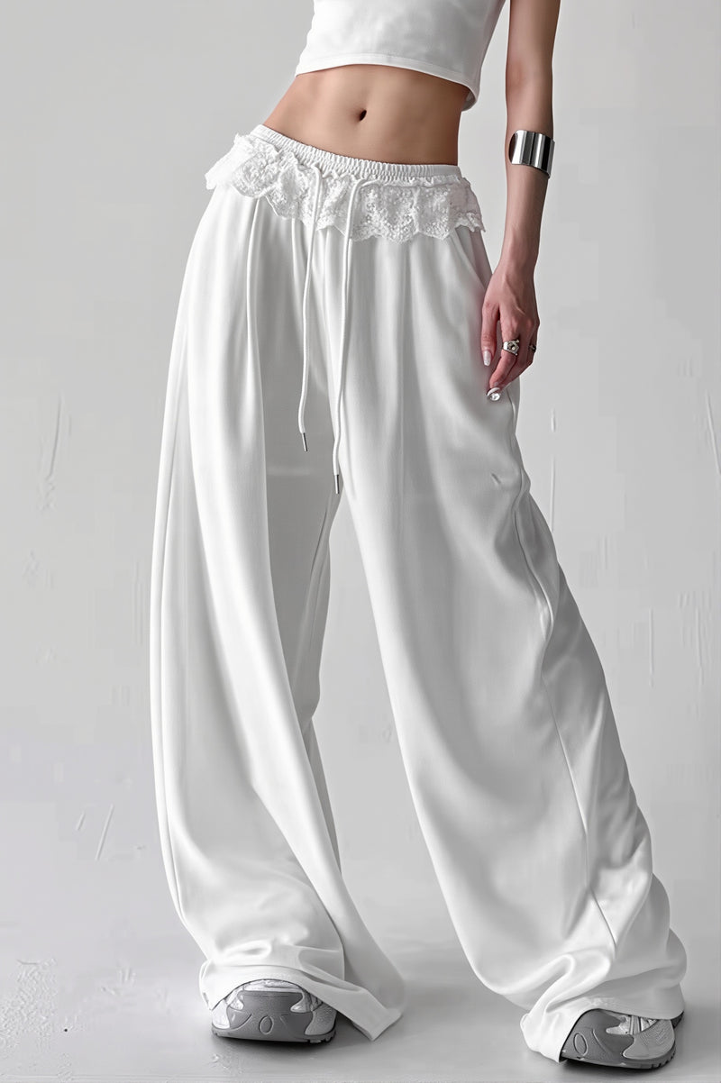 Lace Waist Wide Leg Sweat Pants