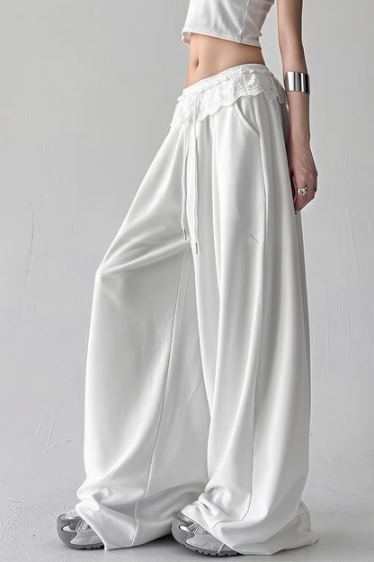 Lace Waist Wide Leg Sweat Pants