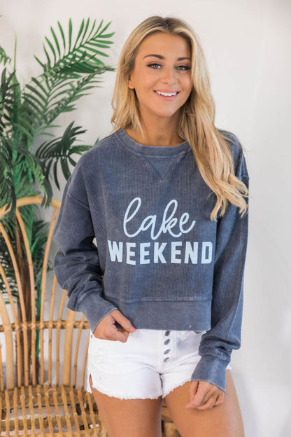 Lake Weekend Cropped Corded Graphic Sweatshirt Navy