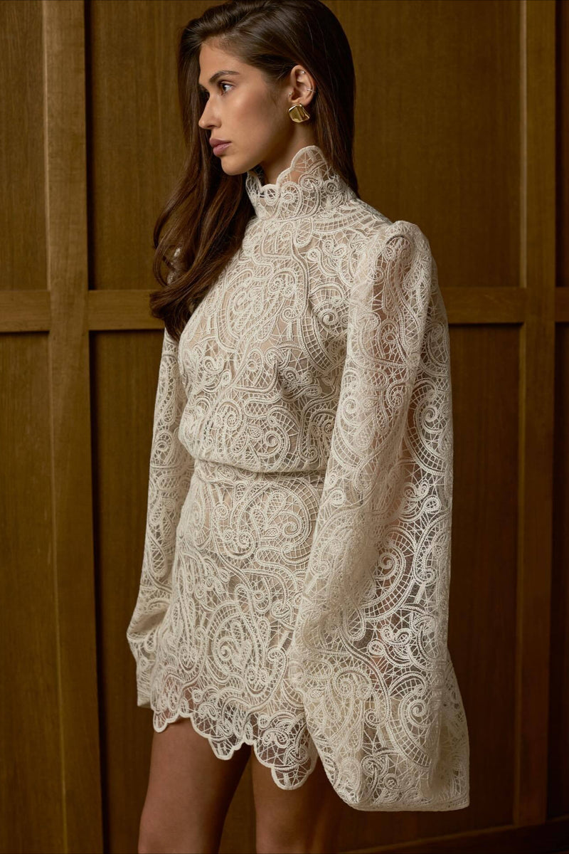 Lantern Sleeve High Collar Lace Skirt Set