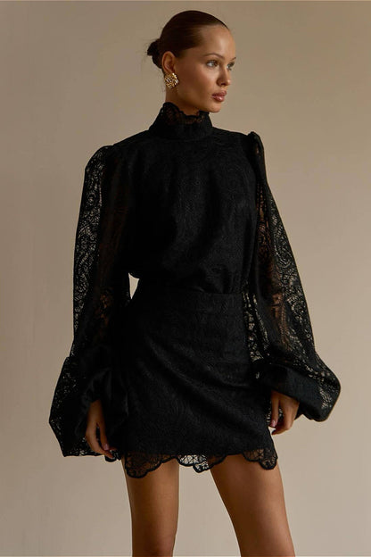 Lantern Sleeve High Collar Lace Skirt Set