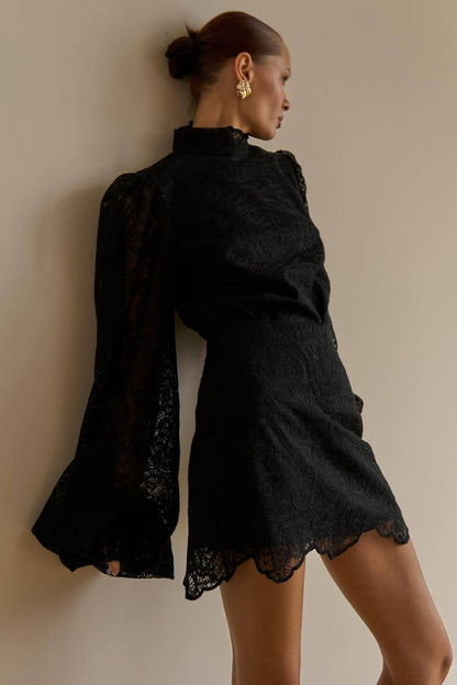 Lantern Sleeve High Collar Lace Skirt Set