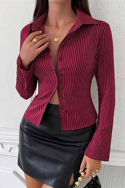 Lapel Buckle Flare Sleeve Long Sleeve Blouse