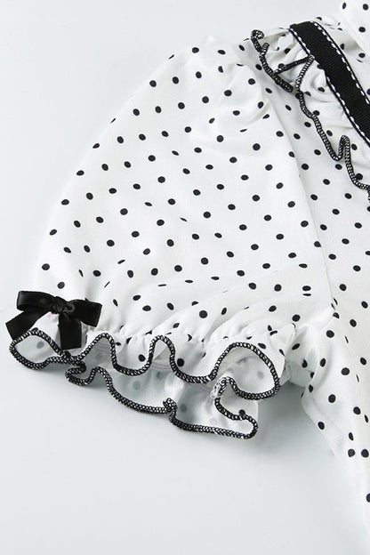 Lapel Button Bow Polka Dot Blouse