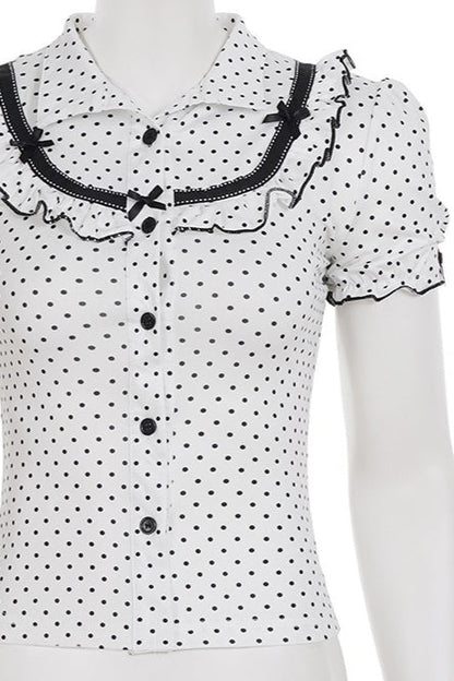 Lapel Button Bow Polka Dot Blouse