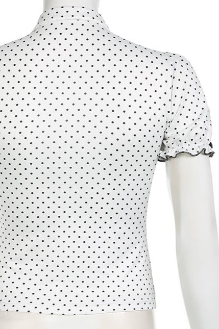 Lapel Button Bow Polka Dot Blouse