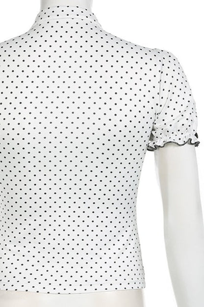 Lapel Button Bow Polka Dot Blouse