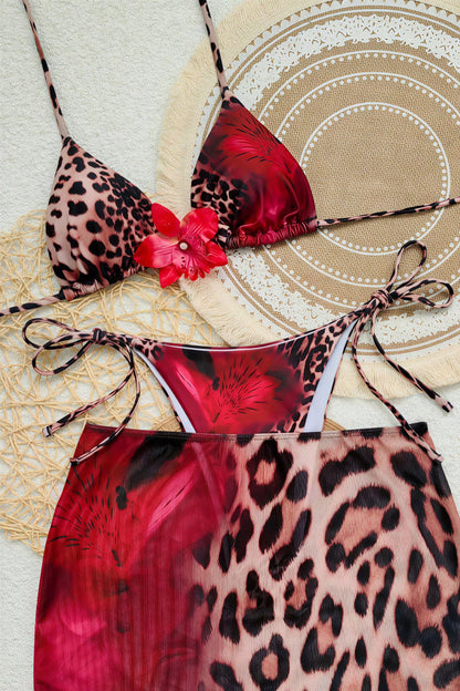 Leopard Color Block Three Piece Swim Set