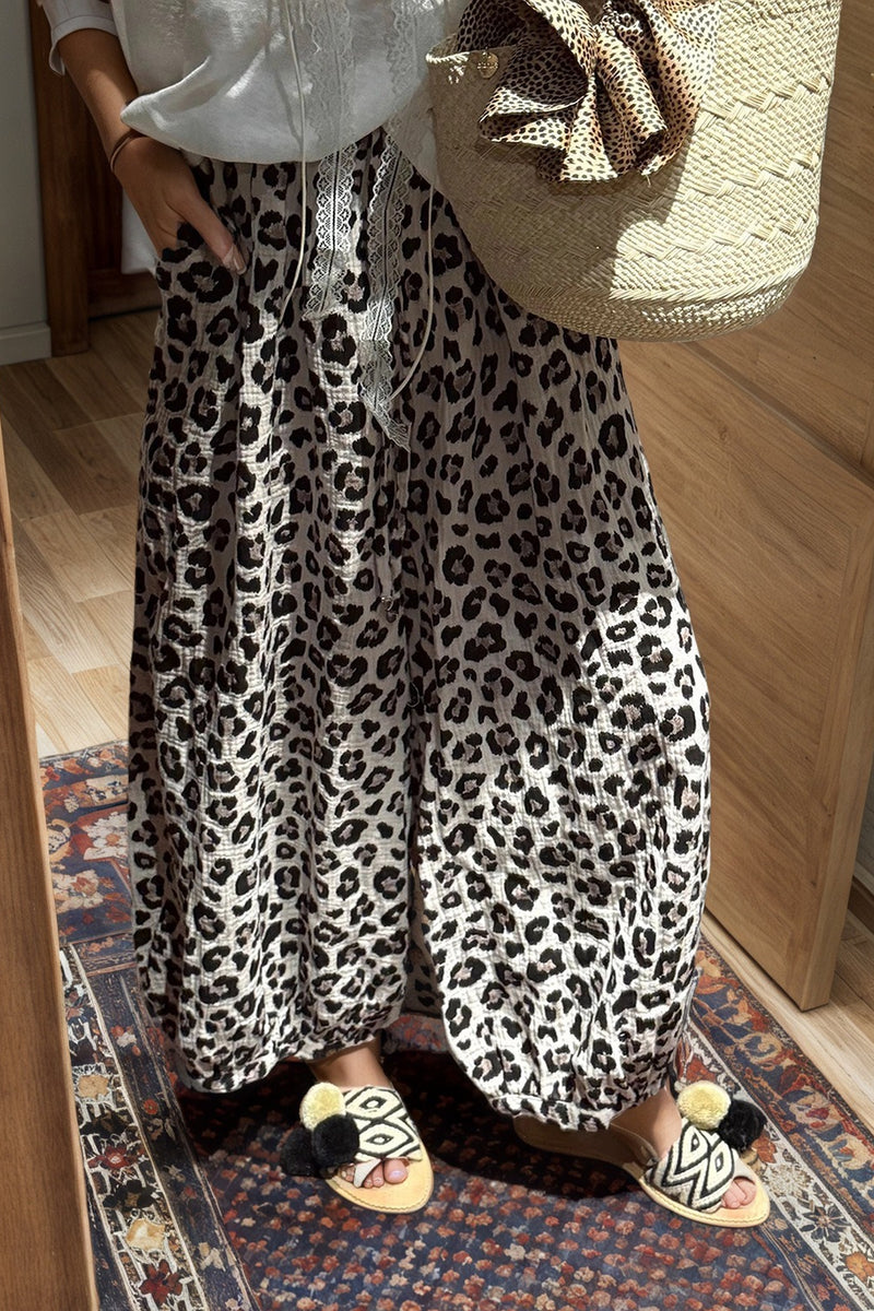 Leopard Cropped Wide Leg Casual Pants