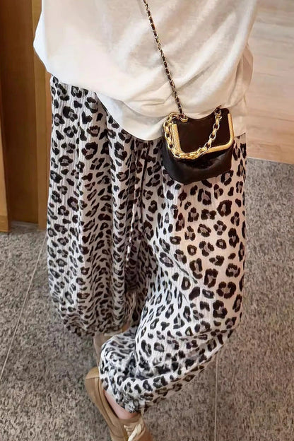 Leopard Cropped Wide Leg Casual Pants