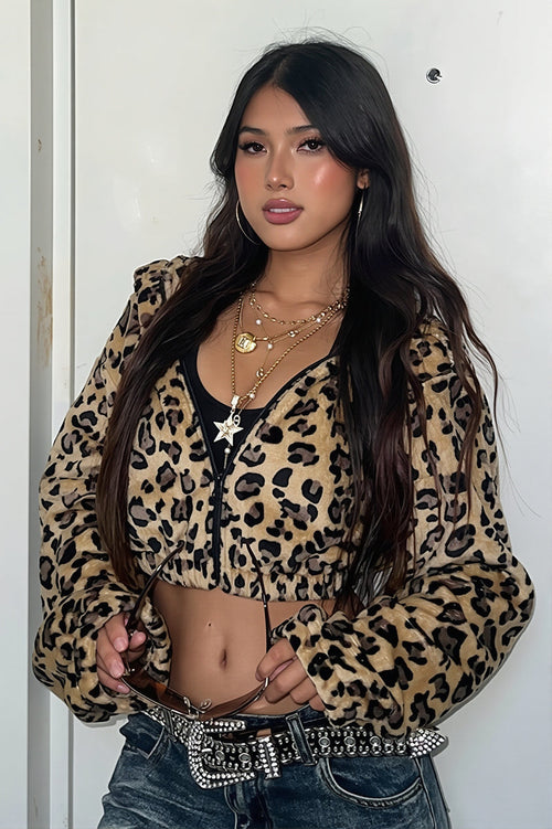 Leopard Fleece Cropped Zip Hoodie
