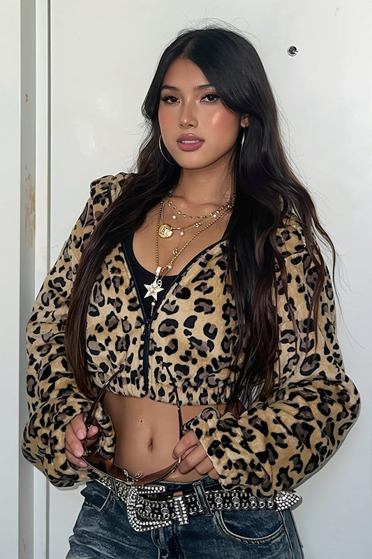 Leopard Fleece Cropped Zip Hoodie