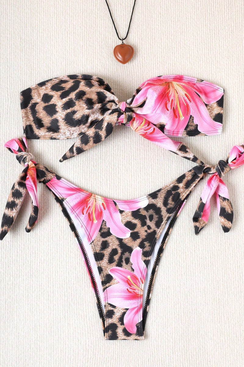 Leopard Floral Sexy Tie Bikini Set
