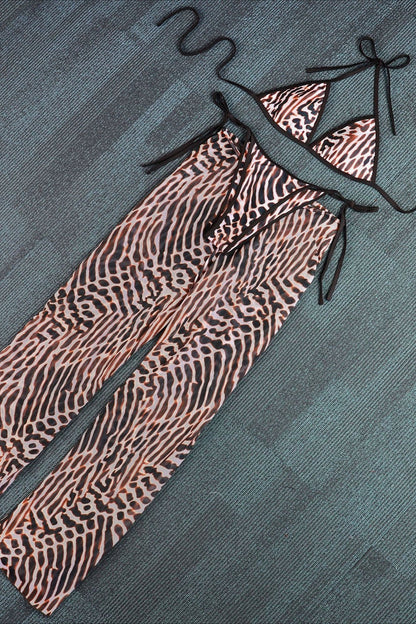 Leopard Mesh Pants Three Piece Swim Set