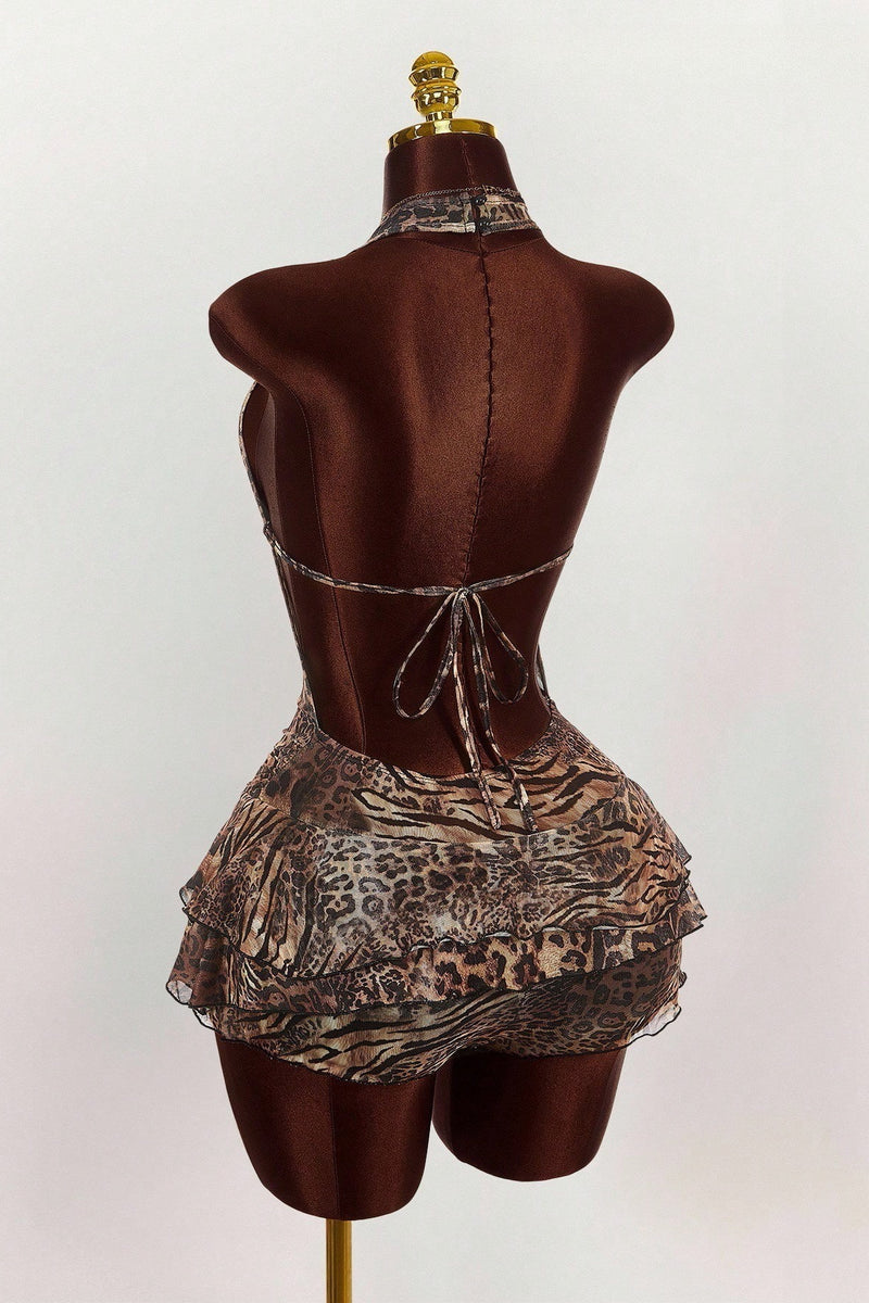 Leopard Print Sexy Halter Tie Tiered Mini Dress