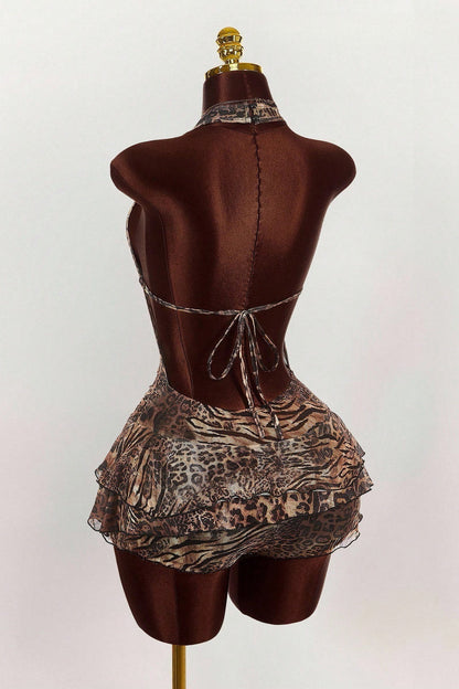 Leopard Print Sexy Halter Tie Tiered Mini Dress