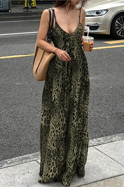 Leopard Print V Neck Backless Cami Vacation Maxi Dress