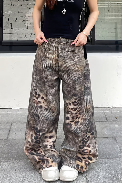 Leopard Print Washed Wide Leg Jeans