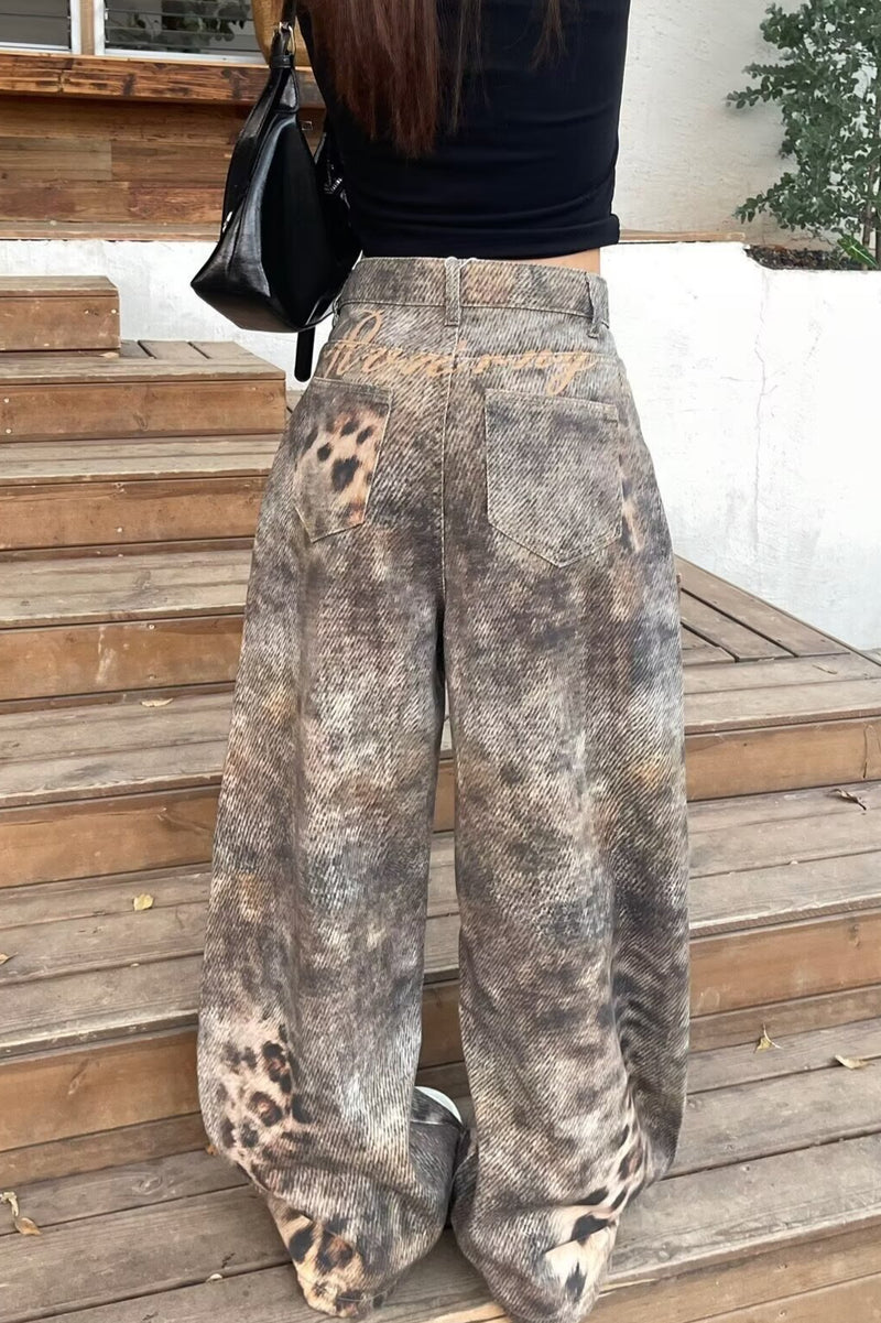 Leopard Print Washed Wide Leg Jeans