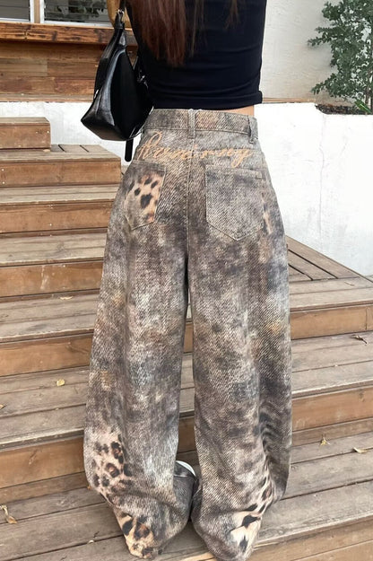 Leopard Print Washed Wide Leg Jeans