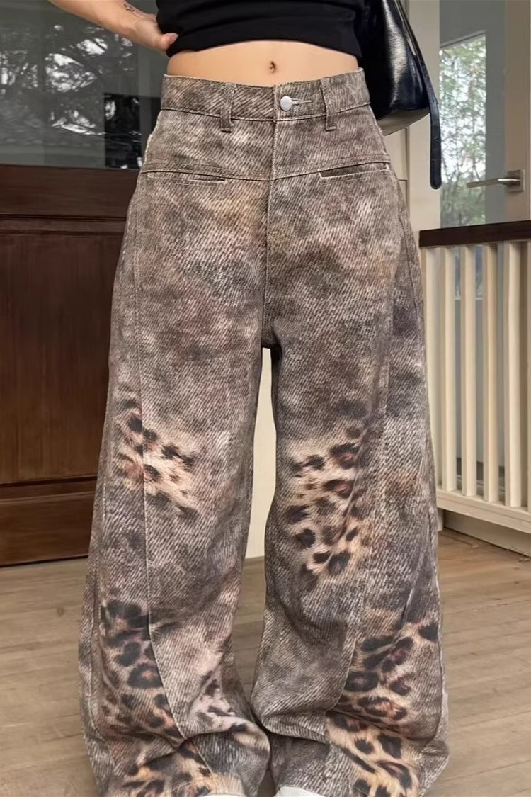 Leopard Print Washed Wide Leg Jeans