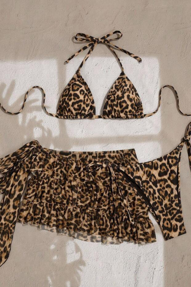 Leopard Ruffle Skirt Three Piece Swim Set