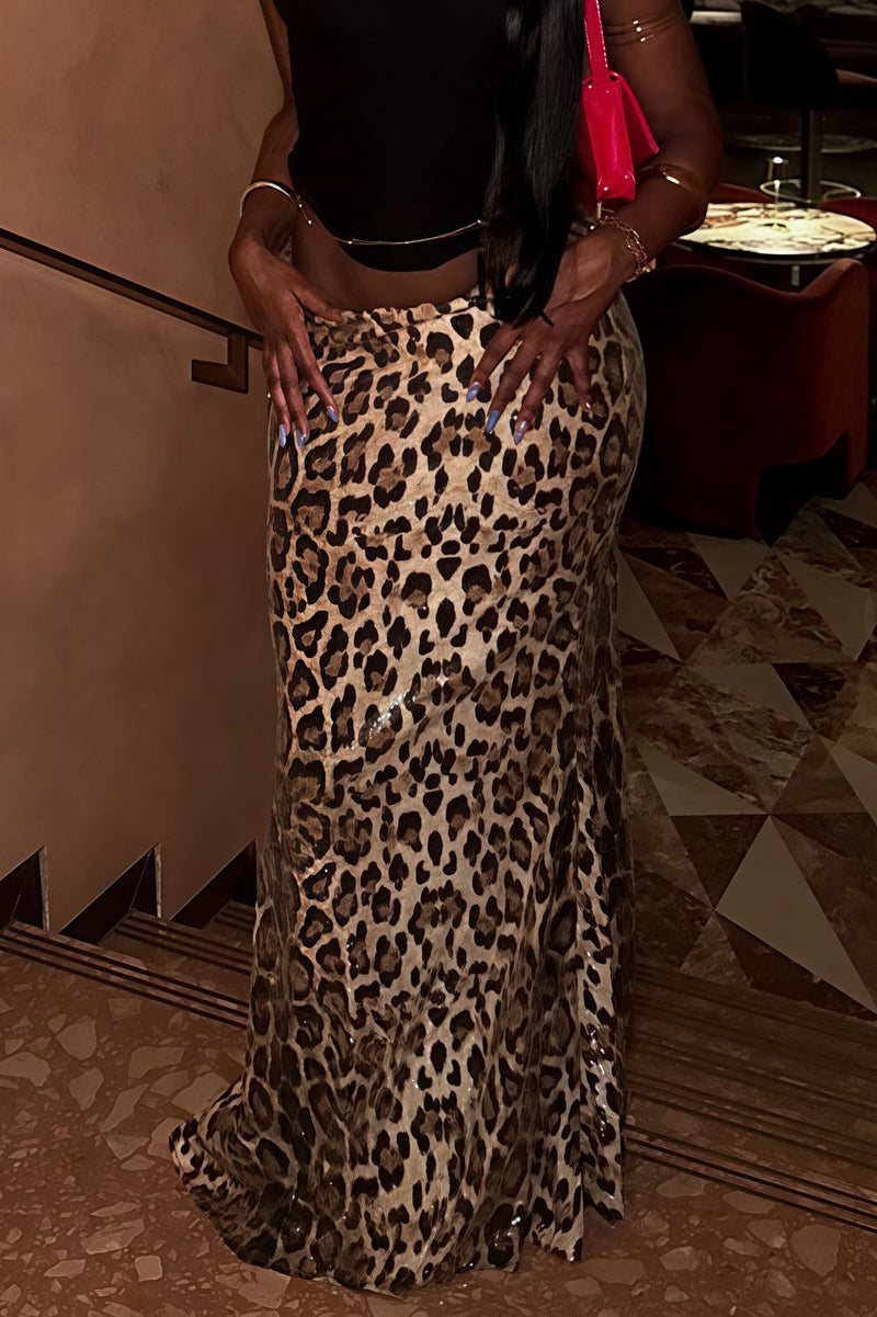 Leopard Sequin Double Layer Stretch Skirt