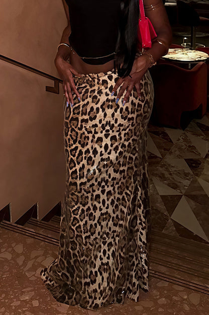 Leopard Sequin Double Layer Stretch Skirt