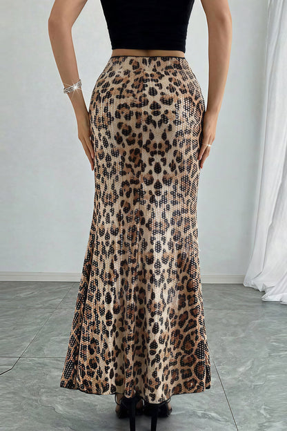 Leopard Sequin Double Layer Stretch Skirt