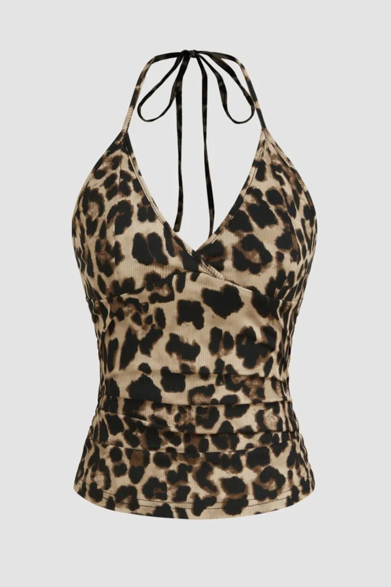 Leopard V Neck Slim Vacation Halter Top