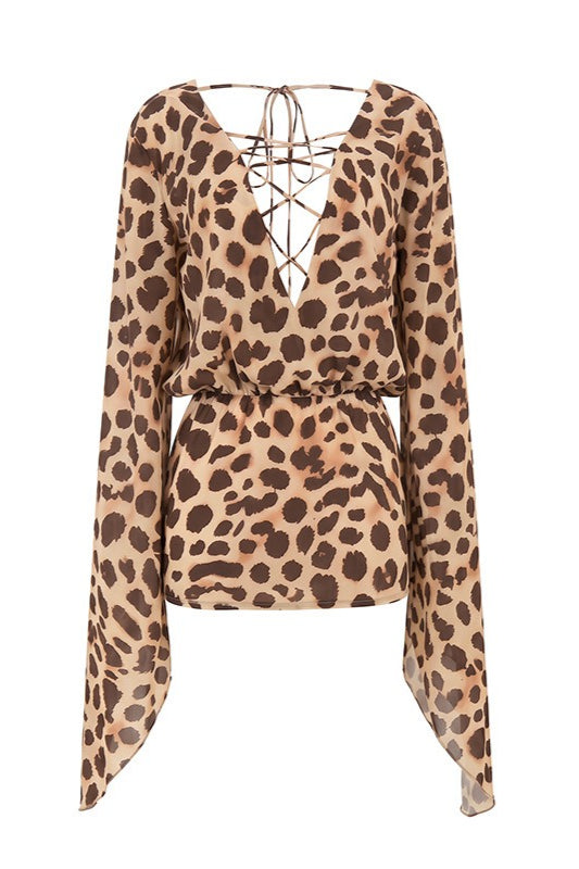Leopard V Tie Wide Sleeve Flowy Mini Dress