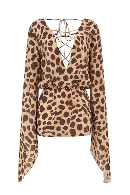 Leopard V Tie Wide Sleeve Flowy Mini Dress