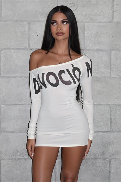 Letter Print Off Shoulder Mini Dress