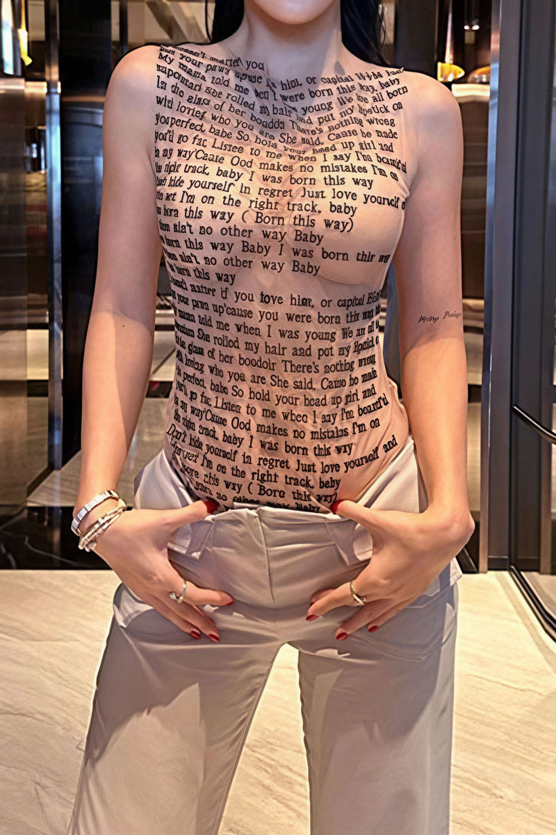 Letter Print Sheer Mesh Sleeveless Crew Neck Slim Blouse