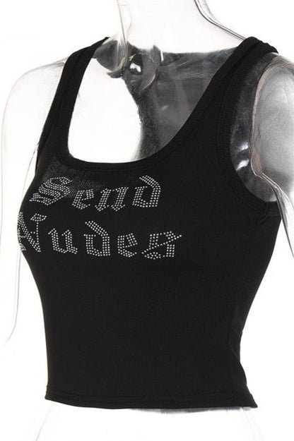 Letter Rhinestone U Neck Tank Top