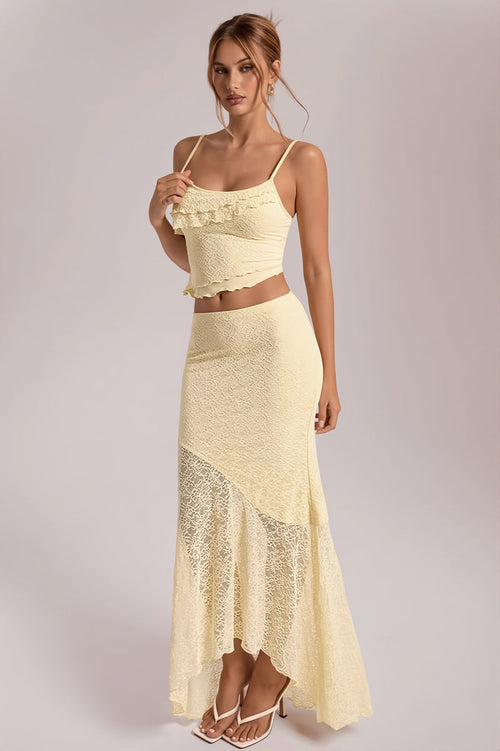 Light Yellow Lace Cami Ruffle Crop Top High Waist Skirt Sets