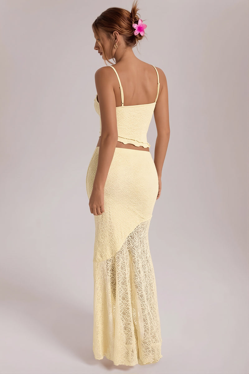 Light Yellow Lace Cami Ruffle Crop Top High Waist Skirt Sets