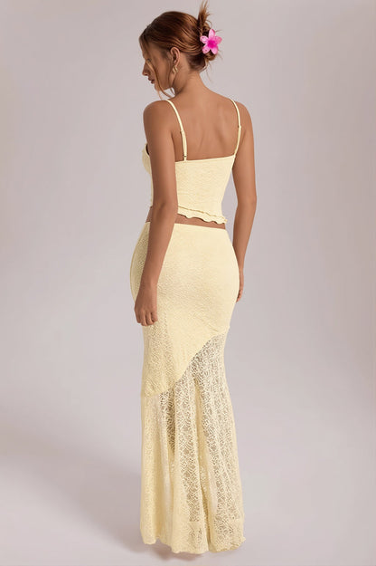 Light Yellow Lace Cami Ruffle Crop Top High Waist Skirt Sets