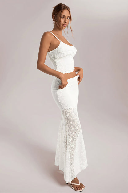 Light Yellow Lace Cami Ruffle Crop Top High Waist Skirt Sets