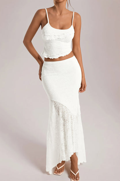Light Yellow Lace Cami Ruffle Crop Top High Waist Skirt Sets