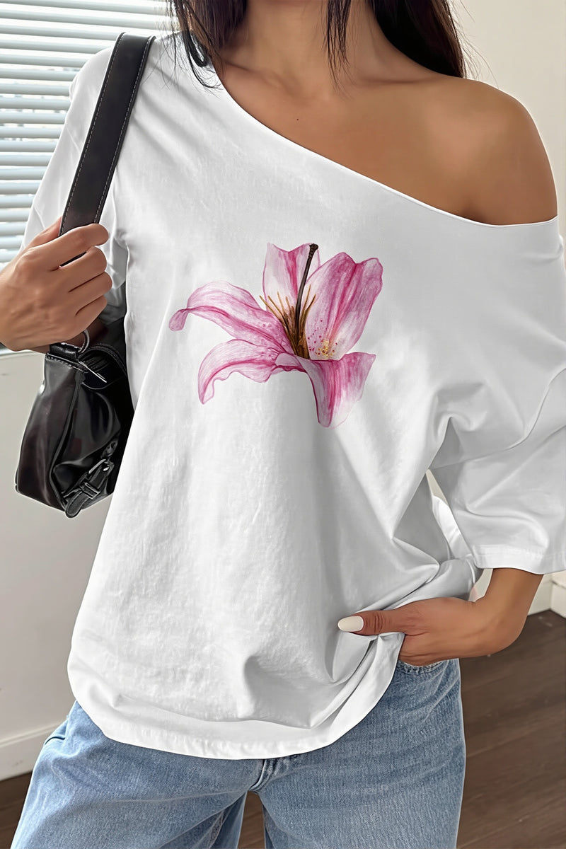 Lily Print Asym Off‑Shoulder T‑shirt