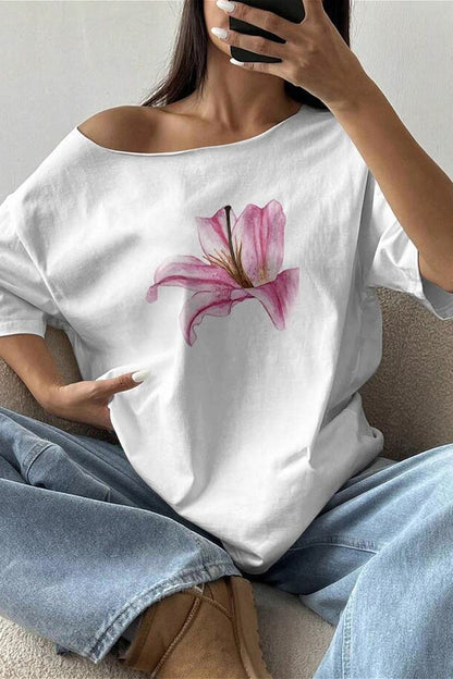 Lily Print Asym Off‑Shoulder T‑shirt