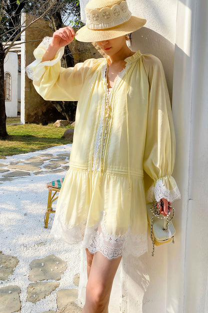 Linen Lace Patchwork Long Sleeve Midi Dress