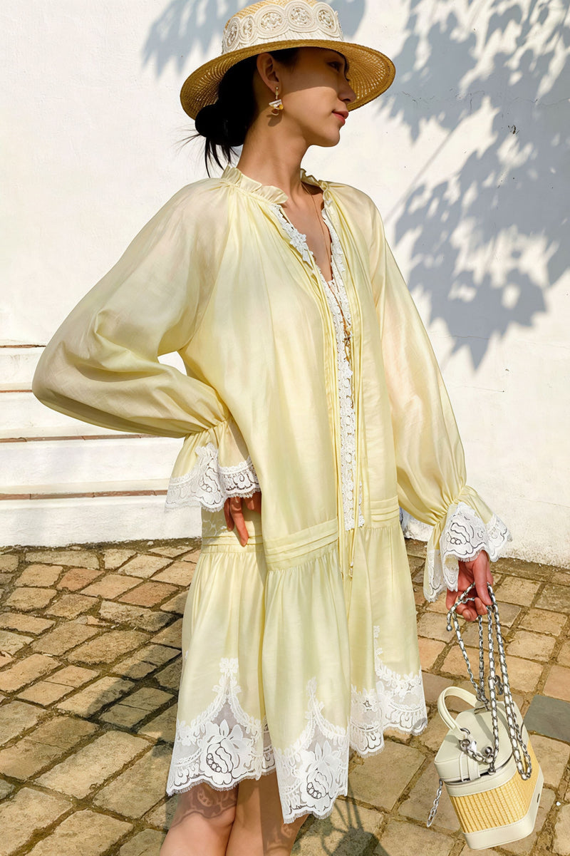 Linen Lace Patchwork Long Sleeve Midi Dress