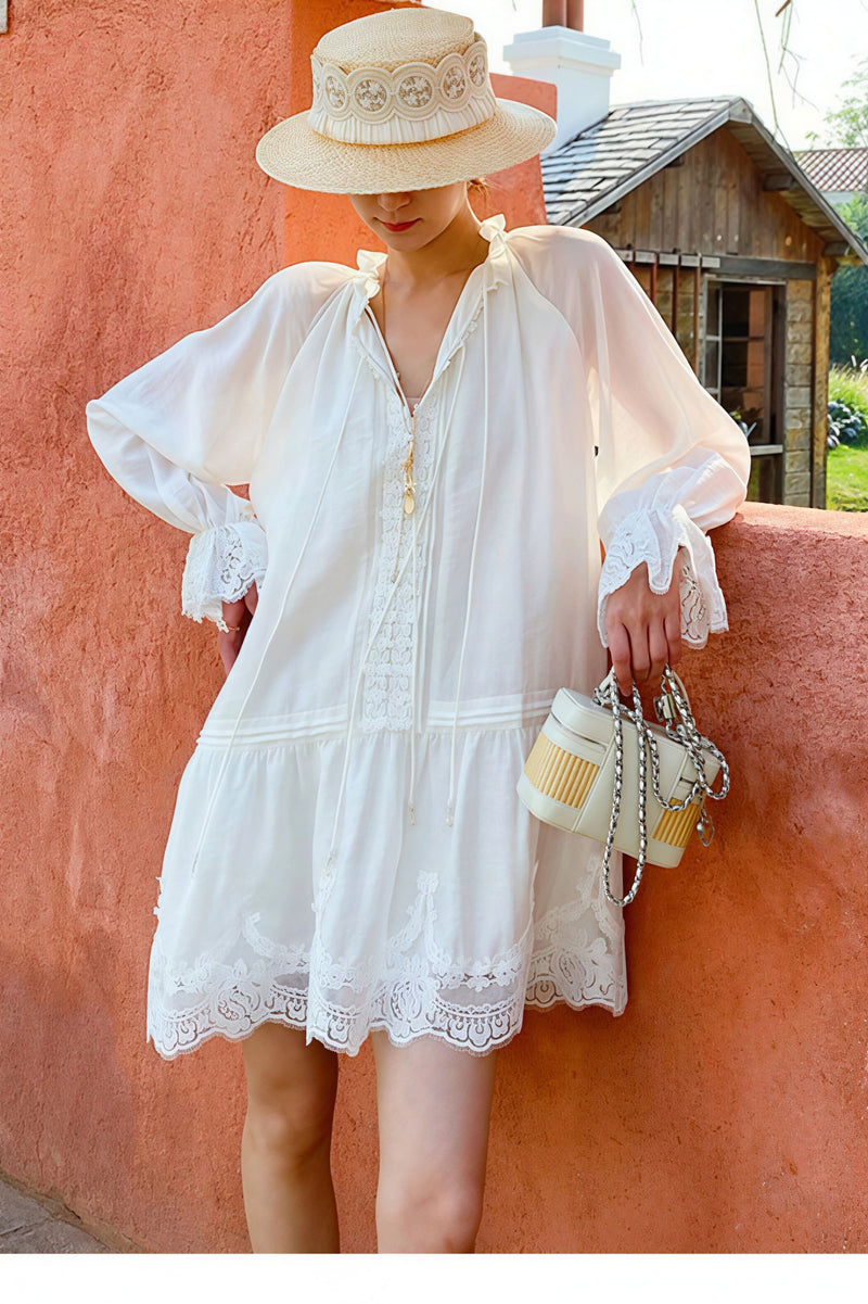 Linen Lace Patchwork Long Sleeve Midi Dress