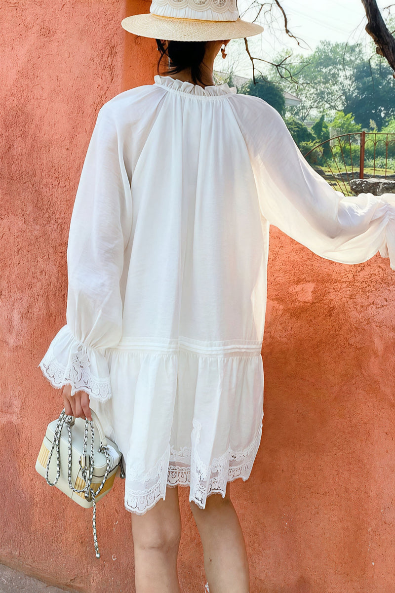 Linen Lace Patchwork Long Sleeve Midi Dress