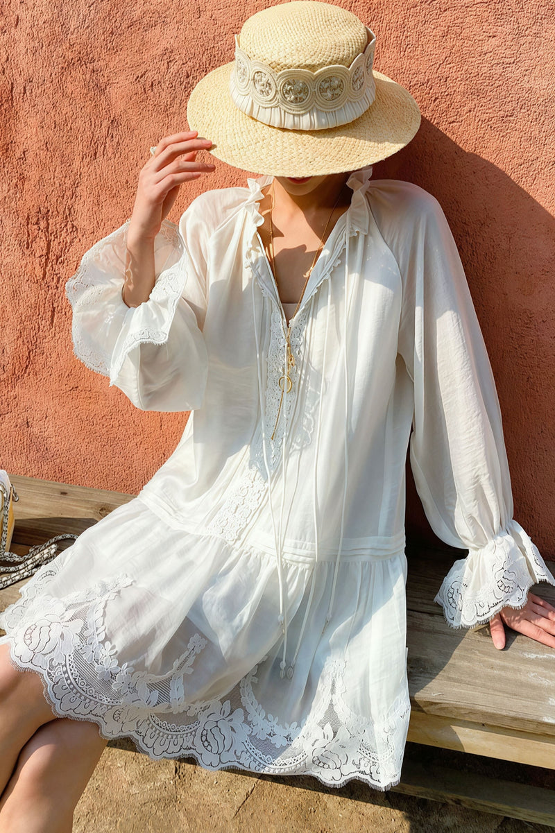 Linen Lace Patchwork Long Sleeve Midi Dress