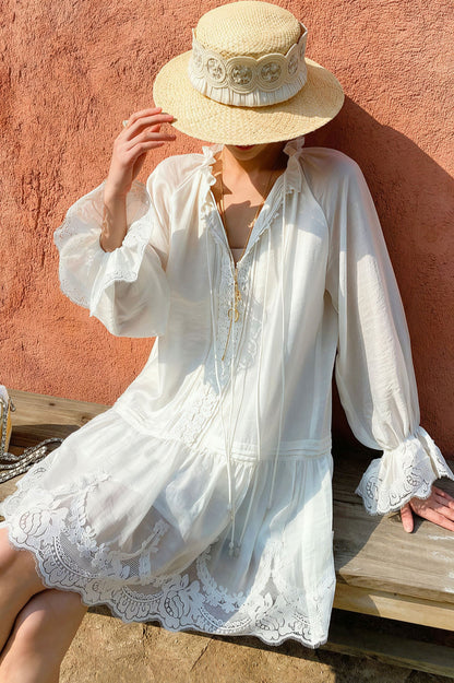 Linen Lace Patchwork Long Sleeve Midi Dress